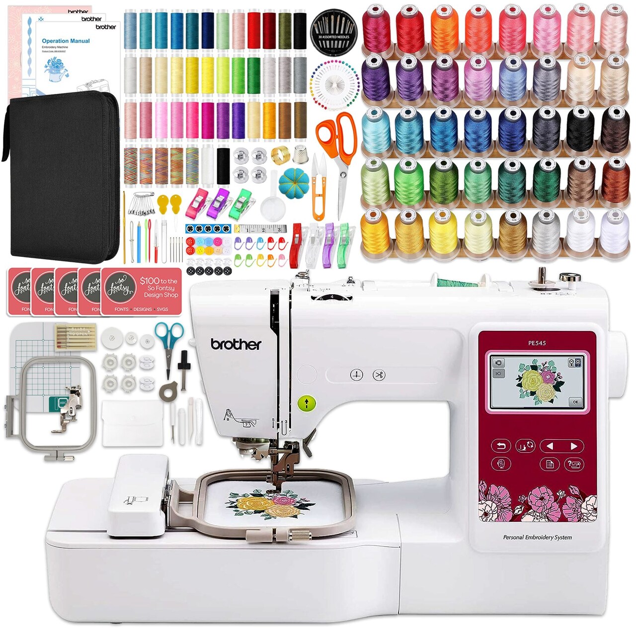 Brother PE545 Embroidery Machine with 83 Spools & 200+ Accessories